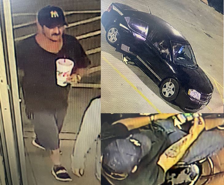 Camera footage collage of 3 photos. Left photo contains suspect wearing a black ballcap with a white M, black t-shirt, gray shorts and black and white shoes. Top right photo contains a black sedan in a parking lot. Bottom right photo contains a close up areal view of the suspect's forearm.
